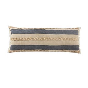 36" Blue and Tan Striped Rectangular Lumbar Pillow with Jute Braiding