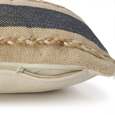 36" Blue and Tan Striped Rectangular Lumbar Pillow with Jute Braiding