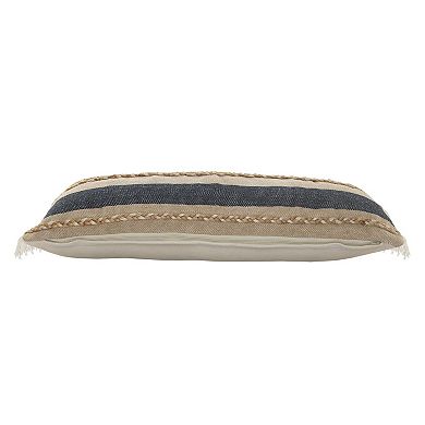 36" Blue and Tan Striped Rectangular Lumbar Pillow with Jute Braiding