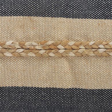 36" Blue and Tan Striped Rectangular Lumbar Pillow with Jute Braiding