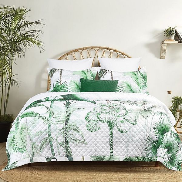 Azores Home Palm Printed 3-Piece Oversized Queen Quilt Set with Shams