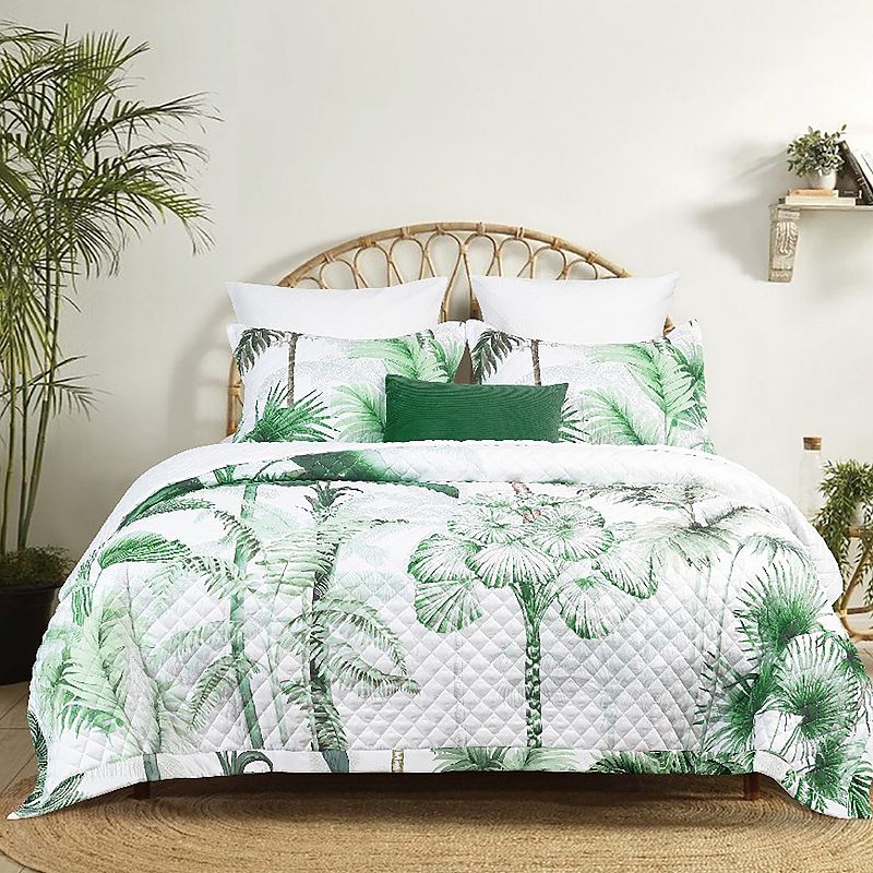 Azores Home Palm Printed 3-Piece Oversized Queen Quilt Set with Shams, Gree