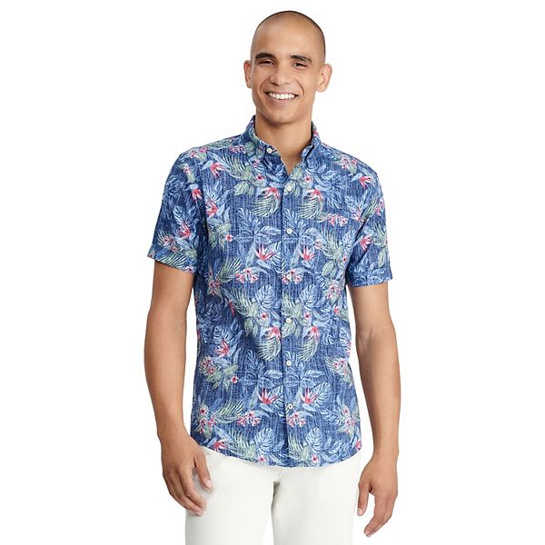 Men's IZOD Saltwater Dockside Chambray Short Sleeve Button-Down Shirt Color: Medieval Blue Floral Size: S