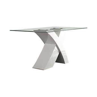 Glass Top Dining Table With X Shape Wooden Base, White and Clear