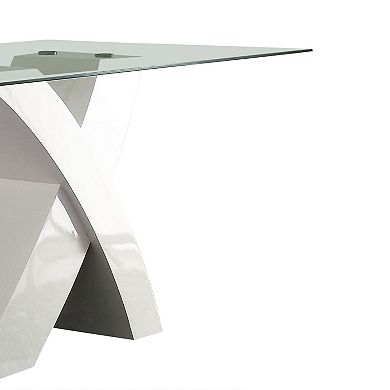 Glass Top Dining Table With X Shape Wooden Base, White and Clear