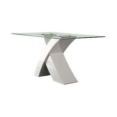 Glass Top Dining Table With X Shape Wooden Base, White and Clear
