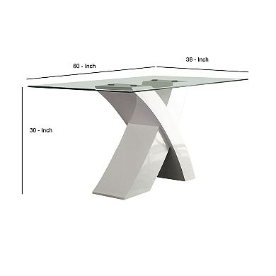 Glass Top Dining Table With X Shape Wooden Base, White and Clear