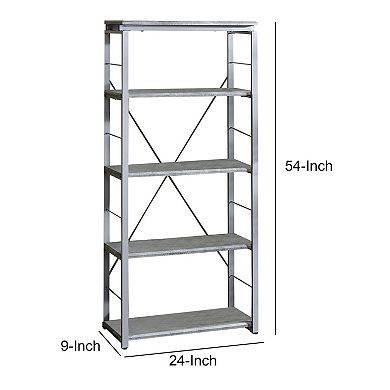 Industrial Bookshelf with 4 Shelves and Open Metal Frame, Silver and Gray