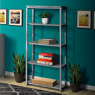 Industrial Bookshelf with 4 Shelves and Open Metal Frame, Silver and Gray