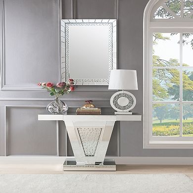 Wood and Mirror Console Table with Faux Crystals Inlay, Clear