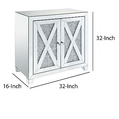 Storage Cabinet with Mirror Trim and X Shape Design, Silver