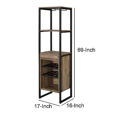 Industrial Wood and Metal Wine Rack with 3 Compartments, Brown and Black