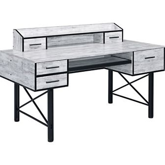 Computer Desk with 5 Drawers and Grains, Antique White and Black