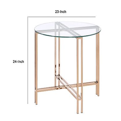End Table with X Shaped Metal Base and Round Glass Top, Gold