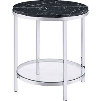 End Table with Round Faux Marble Top and Glass Shelf, Black