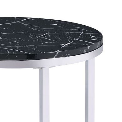 End Table with Round Faux Marble Top and Glass Shelf, Black