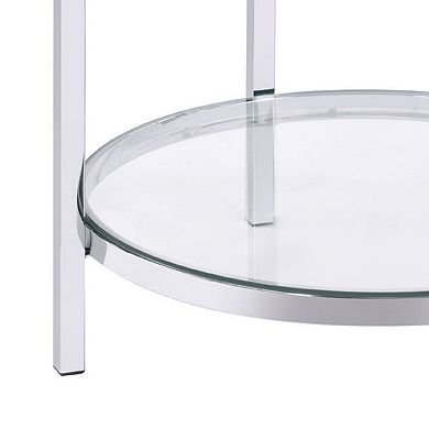 End Table with Round Faux Marble Top and Glass Shelf, Black