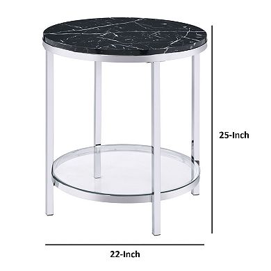 End Table with Round Faux Marble Top and Glass Shelf, Black
