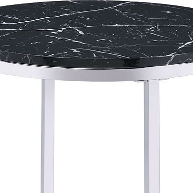 End Table with Round Faux Marble Top and Glass Shelf, Black