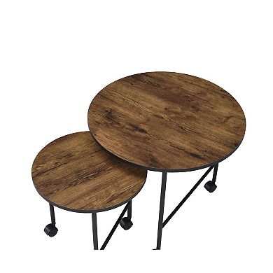 2 Piece Round Nesting End Table with Casters, Oak Brown and Black