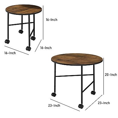 2 Piece Round Nesting End Table with Casters, Oak Brown and Black
