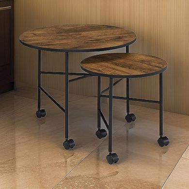 2 Piece Round Nesting End Table with Casters, Oak Brown and Black