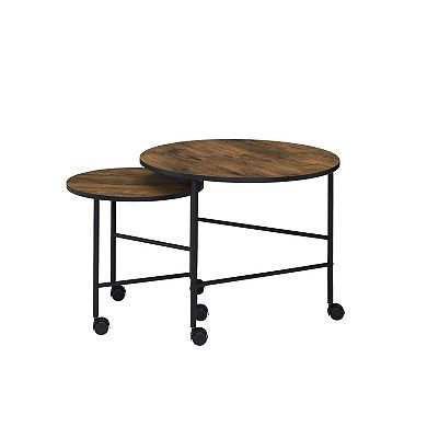 2 Piece Round Nesting End Table with Casters, Oak Brown and Black