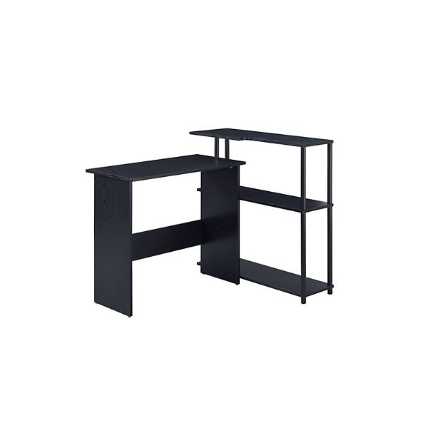 Writing Desk with L Shaped Design and 3 Tier Wooden Shelves, Black