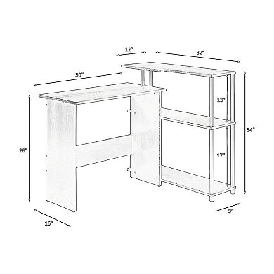 Writing Desk with L Shaped Design and 3 Tier Wooden Shelves, Black