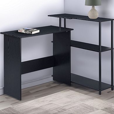 Writing Desk with L Shaped Design and 3 Tier Wooden Shelves, Black