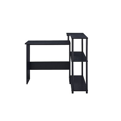 Writing Desk with L Shaped Design and 3 Tier Wooden Shelves, Black