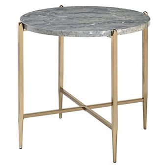End Table with Oval Marble Top and X Shaped Support, Gray and Gold