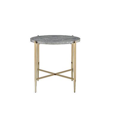 End Table with Oval Marble Top and X Shaped Support, Gray and Gold