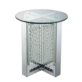 Round Mirrored Metal End Table with Glass Top and Crystal Accent Base, Silver