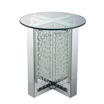 Round Mirrored Metal End Table with Glass Top and Crystal Accent Base, Silver
