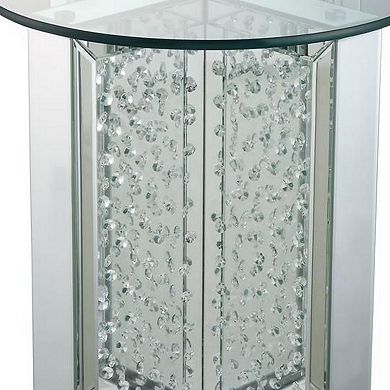 Round Mirrored Metal End Table with Glass Top and Crystal Accent Base, Silver