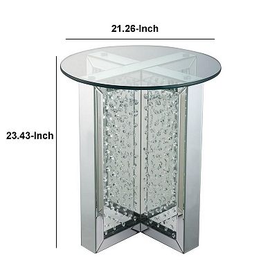 Round Mirrored Metal End Table with Glass Top and Crystal Accent Base, Silver
