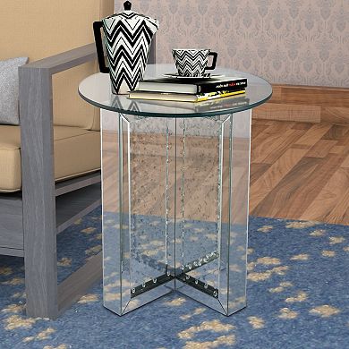 Round Mirrored Metal End Table with Glass Top and Crystal Accent Base, Silver