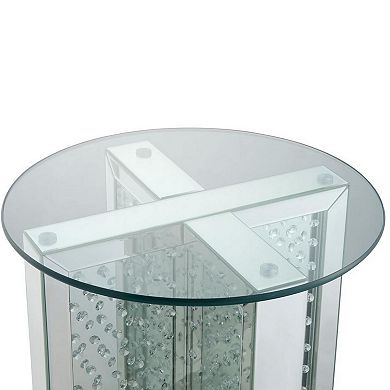 Round Mirrored Metal End Table with Glass Top and Crystal Accent Base, Silver