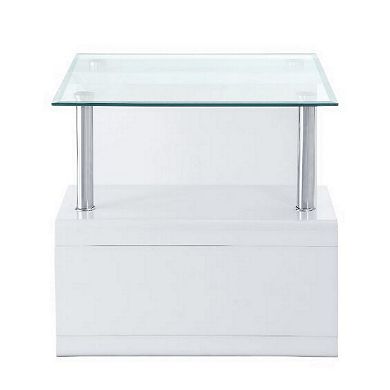 24 Inch Square Accent End Table, Glass Top, Open Shelf, White, Chrome
