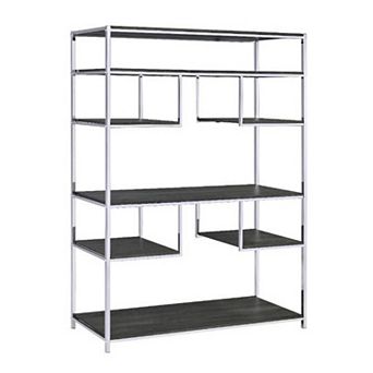 Etagere Bookshelf with 7 Shelves and Geometric Pattern,Silver and Dark Gray