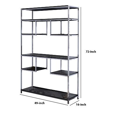 Etagere Bookshelf with 7 Shelves and Geometric Pattern,Silver and Dark Gray