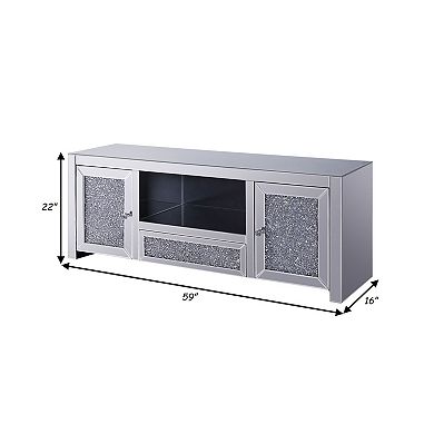 Noe 59 Inch Wood TV Entertainment Media Console, Faux Diamond Inlay, Silver