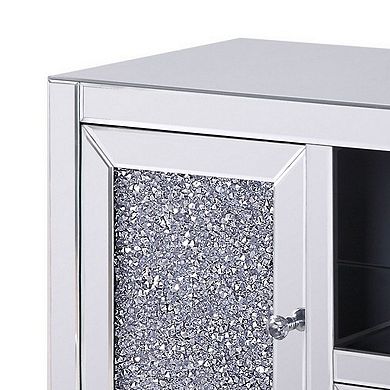 Noe 59 Inch Wood TV Entertainment Media Console, Faux Diamond Inlay, Silver