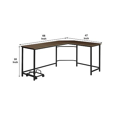 L Shape Computer Desk with CPU Holder and Casters, Brown