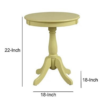 Traditional Style Wooden Round Side Table with Turned Pedestal Base, Yellow