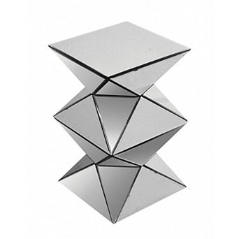 20 Inch Modern End Table, Square Mirror Top, Silver Geometric Pedestal Base