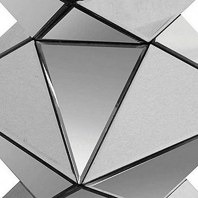 20 Inch Modern End Table, Square Mirror Top, Silver Geometric Pedestal Base