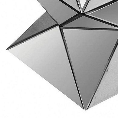 20 Inch Modern End Table, Square Mirror Top, Silver Geometric Pedestal Base