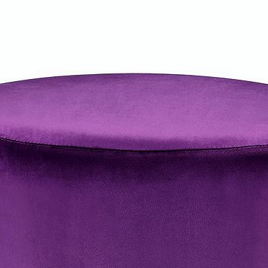 Fabric Upholstered Round Ottoman with Fringes and Metal Base, Purple